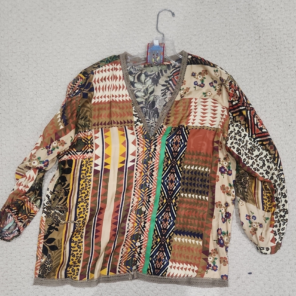 Johnny Was Multicolor Leaf Pattern Blouse- Swings… - image 1
